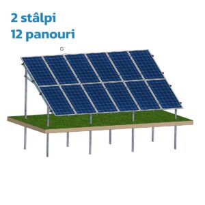Structură zincată pentru 12 panouri cu montare la sol prin vibro-înțepare, 2 Stâlpi, 2 Rânduri panouri montate vertical